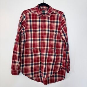Roots Plaid Shirt Snap Button Multi Pocket Red Check Long Sleeve Sz M *Flaw